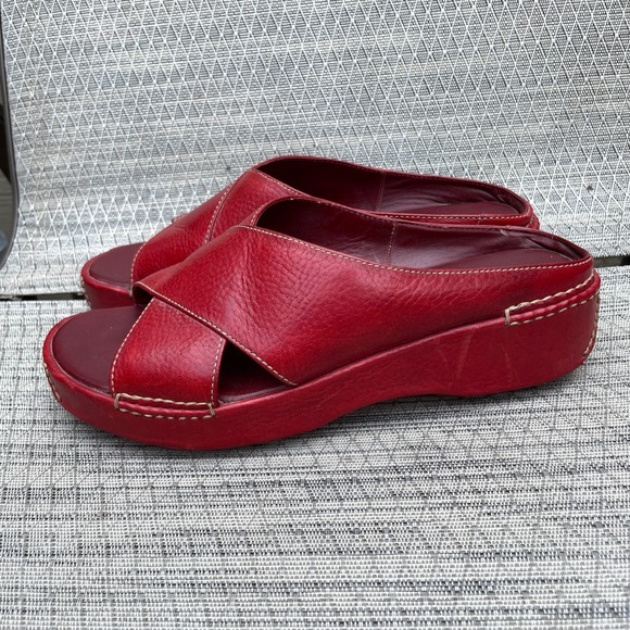 Cole Haan Women's Size 8B Red Leather Slide Sandals W/ 1" Wedge Heel Wide Strap - Picture 1 of 9